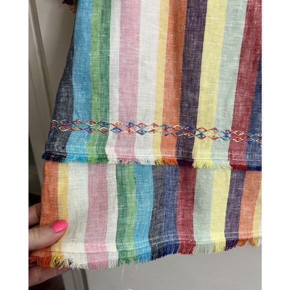 JOHN MARK Rainbow Striped 100% Linen Embroidered Raw Hem Blouse Top Sz S - Picture 3 of 11